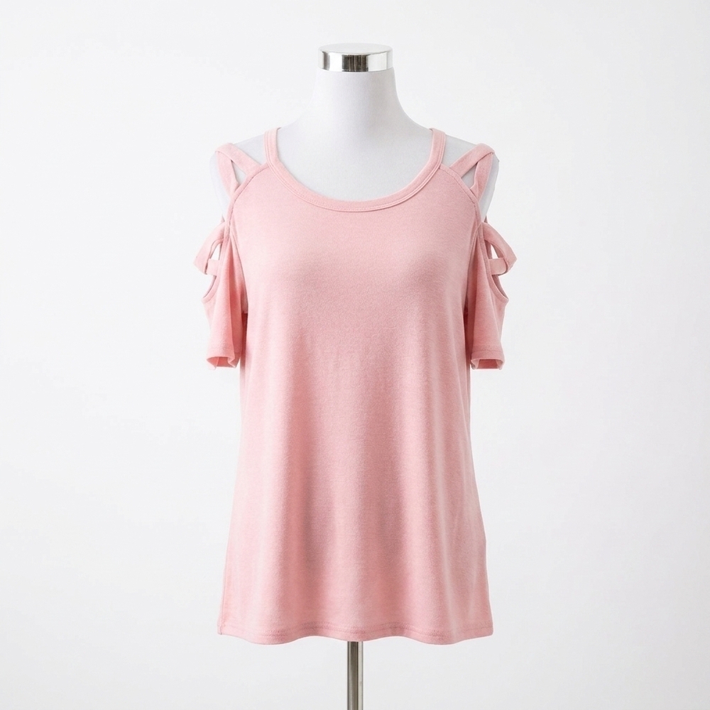 NEW HEIMISH USA crisscross cold shoulder solid top in dusty pink